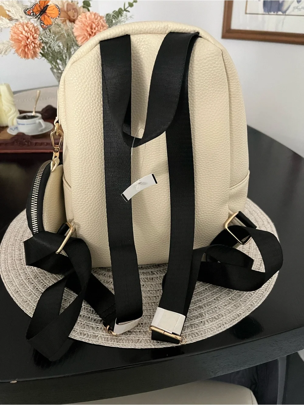 XOXO Cream Mini Backpack with Black Print and Gold Hardware